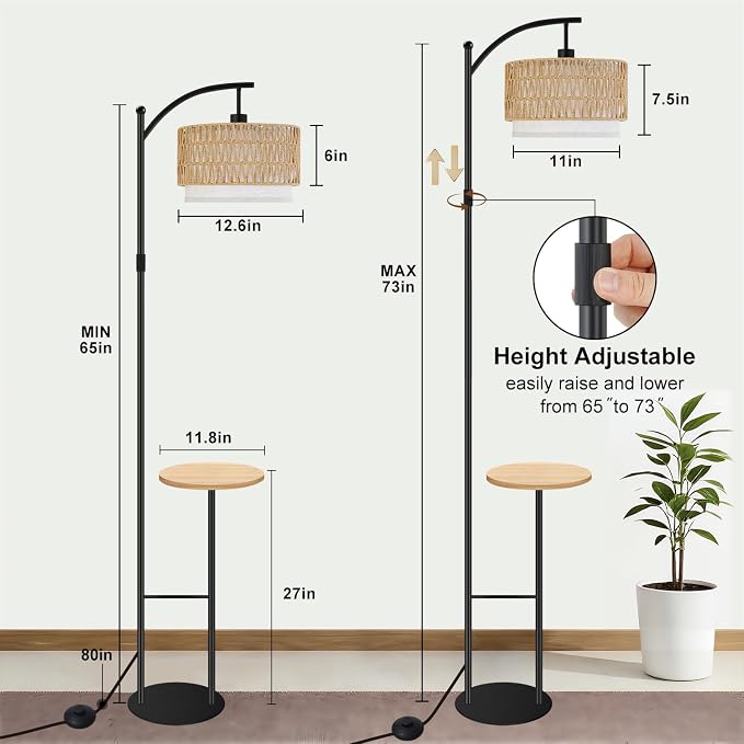 Vinaco Rattan Boho Floor Lamp with Table, Dimmable Floor Lamp with Remote Control Foot Switch, Wicker Tall Lamps 3 Color Temperatures, Adjustable Height Standing Lamps for Living Room Bedroom Office