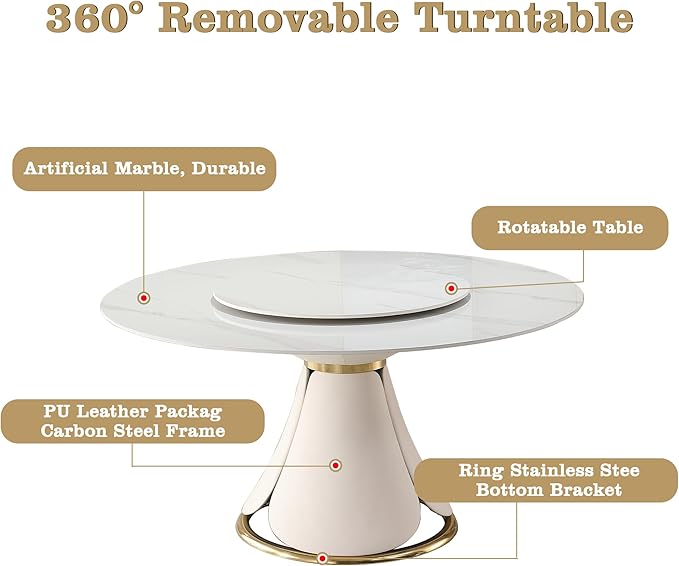 Round Marble Dining Table Set for 6-8, Kitchen Table, Dining Room Table Set Petal Pu Leather & Metal Base (1 Table and 8 Blue Chairs)