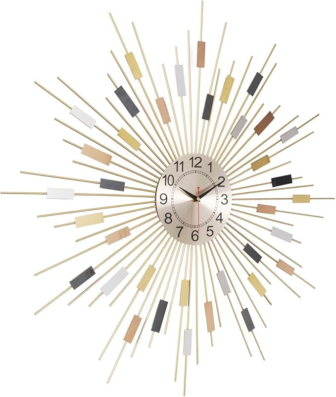 Starburst Round Wall Clock Decor 24" Silent Battery Operated, Mid Century Modern Metal Decorative Wall Clock for Living Room Bedroom Office