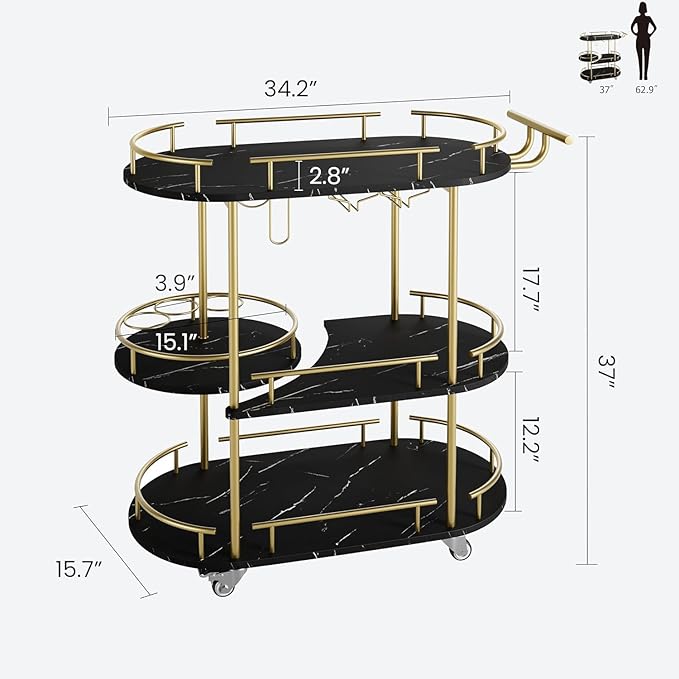 Takywep Bar Cart with Wine Rack and Glass Holder, 4-Tier Modern Serving Cart on Wheels, Mobile Liquor Cabinet & Coffee Station for Home Kitchen, Dining Room, Marble Wood/Gold