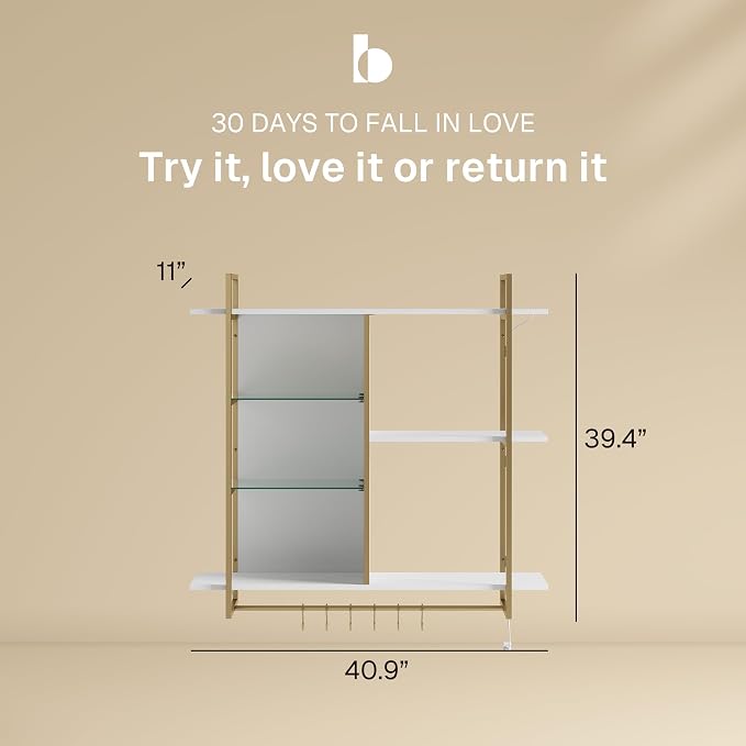 BELLEZE 40" Floating Shelves with LED Lights, 4-Tier Wall Mounted Shelf with Hooks for Kitchen, Bar, Living Room - MDF Display Rack for Coffee Bar, Books, Decor (Remote Control, 16 Colors + 32 Modes)