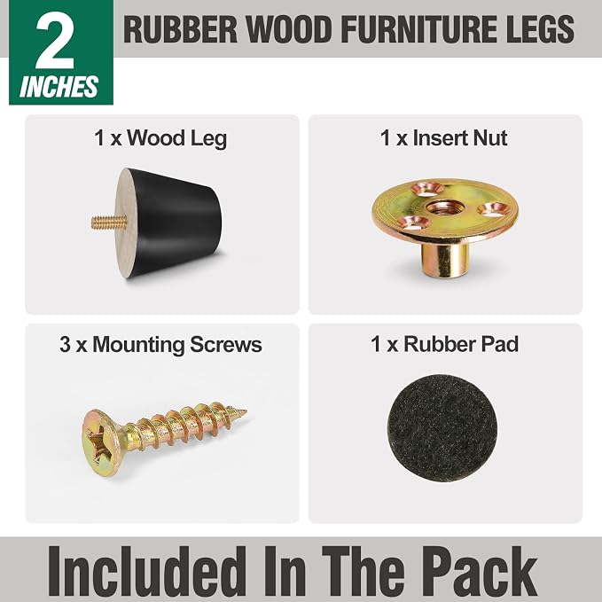 FoDau770 Black Rubber Wood Furniture Legs 2 Inches, 5/16" UNC Straight Tapered Wood Feet Mid Century Sofa Legs, Wooden Furniture Feet Replacement Parts for Cabinet Couch Dresser Chair Ottoman Table