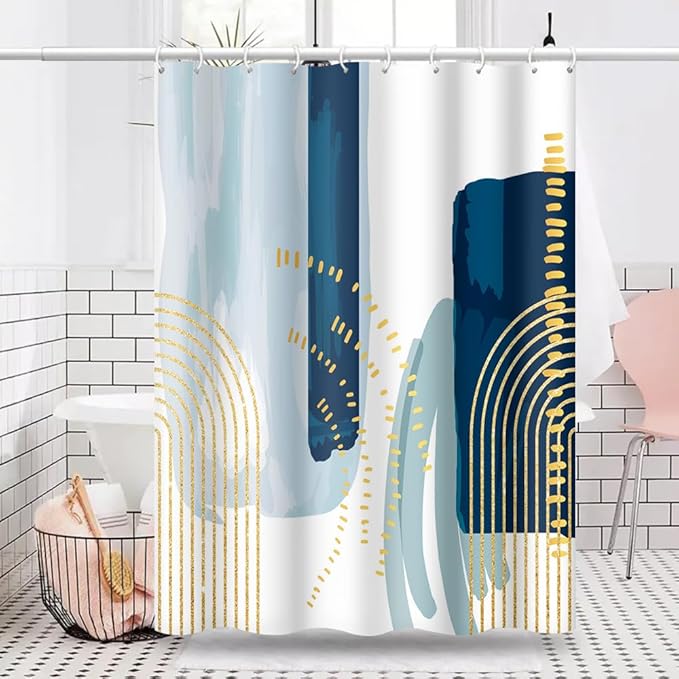 Boho Style Shower Curtain Watercolor Darkblue and Yellow Geometric Pattern Shower Curtains for Modern Abstract Bathroom Waterproof Fabric Decor Set with Hooks, 60W x 72H Inch