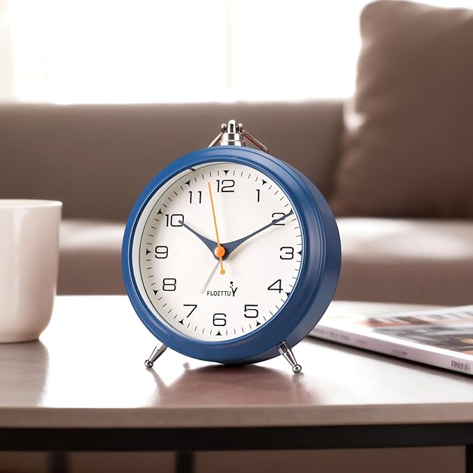 FLOITTUY 4.5" Battery Operated Antique Retro Analog Metal Alarm Clock, Silent Bedside Desk Clock, Wall-Hanging Vintage Clock(Navy Blue)