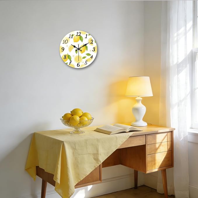 peacoblue Wall Clocks Battery Operated 12 Inch Lemon Glass Round Wall Clock Non Ticking for Kitchen Living Room Dining Room Bedroom and Bathroom Decor Accessories (Battery not Included)