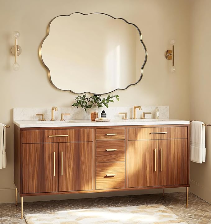 ANDY STAR Wavy Oval Bathroom Mirror, 30x40 Inch Brushed Gold Scalloped Wall Mirror, Anti-Rust Brass Metal Mirror for Bathroom Hang Vertical or Horizontal