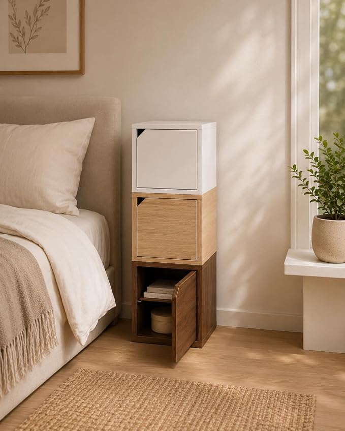 Modular Storage Cube with Door, 11.8" x 11.8" [30 x 30 x 30cm] Multipurpose Wooden Bookshelf and Closet Organizer, Stackable Shelving Unit with Optional Removable Interior Shelf (3, White)