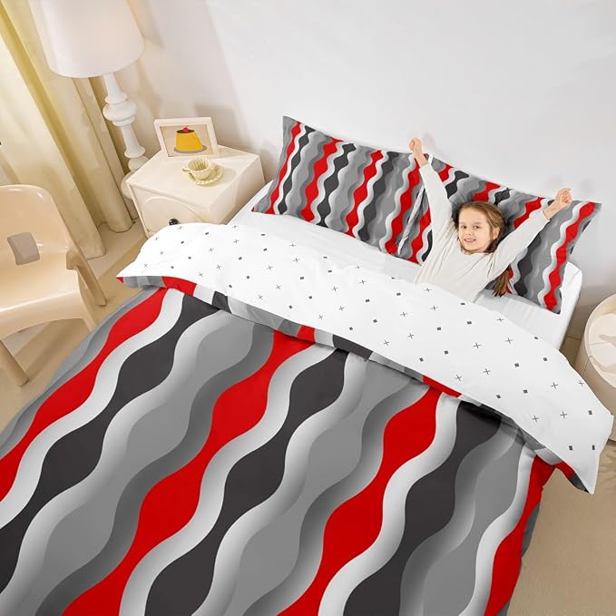 Red Black Grey Bedding Set Retro Geometric Comforter Cover Mid Century Modern Decor Duvet Cover for Kids Boys Girls Teens Abstract Stripe Breathable Bedspread Cover Room Decor King Size (No Comforter)