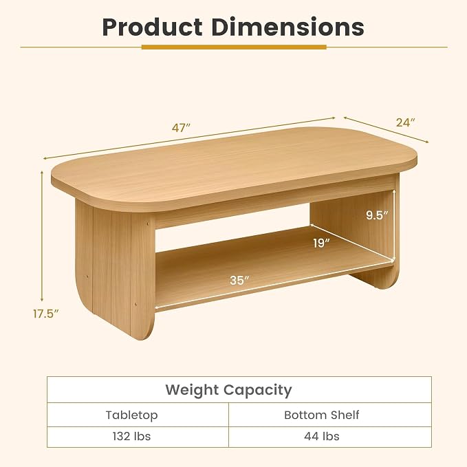Giantex Oval Coffee Table, 47" Mid Century Modern Center Table with Storage Shelf & Round Corner, 2-Tier Accent Cocktail Tea Table, Wood Coffee Table for Living Room, Small Spaces (Natural)