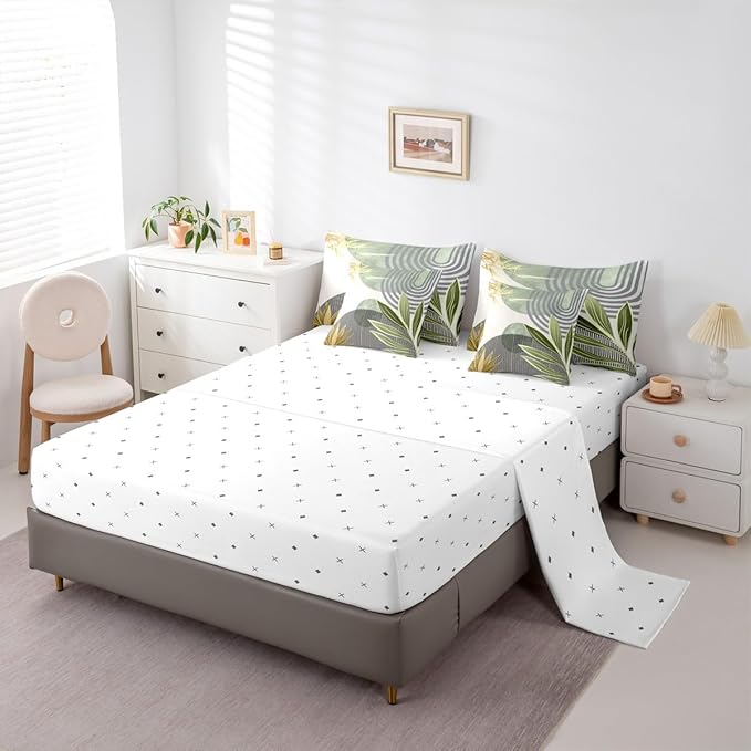 Erosebridal 7 Pcs Mid Century Boho Comforter Set Queen Modern Geometric Bedding Sets,Minimalist Bed in a Bag Abstract Sun Aesthetic Arch Curve Leaves Quilt with Flat Fitted Sheet,Green Gold