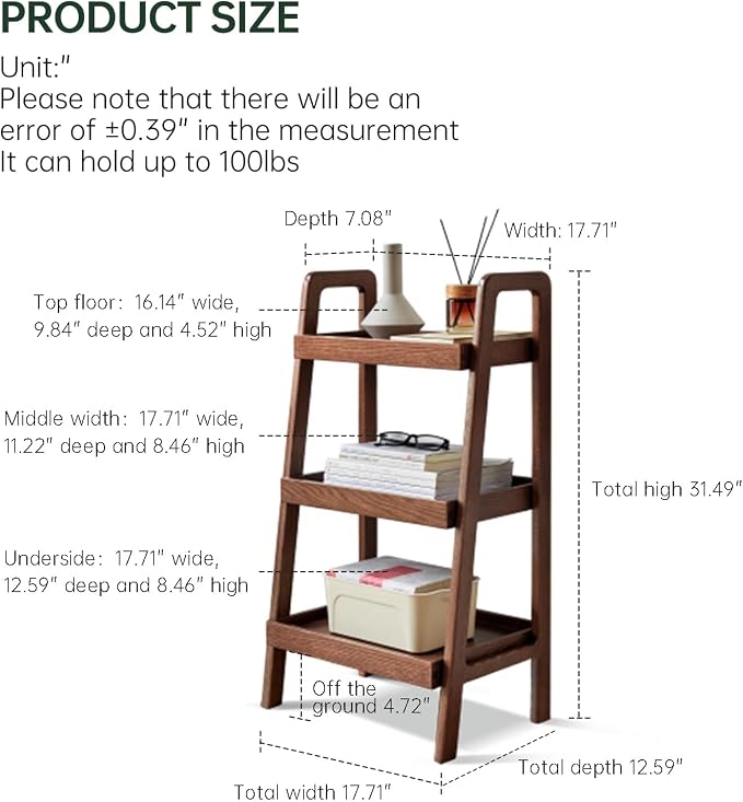 100% Solid Oak 3 Tier Ladder Shelf for Saving Space, Small Bookshelf with Stable Frame, Free Standing Ladder Shelves for Living Room Bedroom Couch, (Walnut, 17.72" W x 12.6" L x 31.5" H)