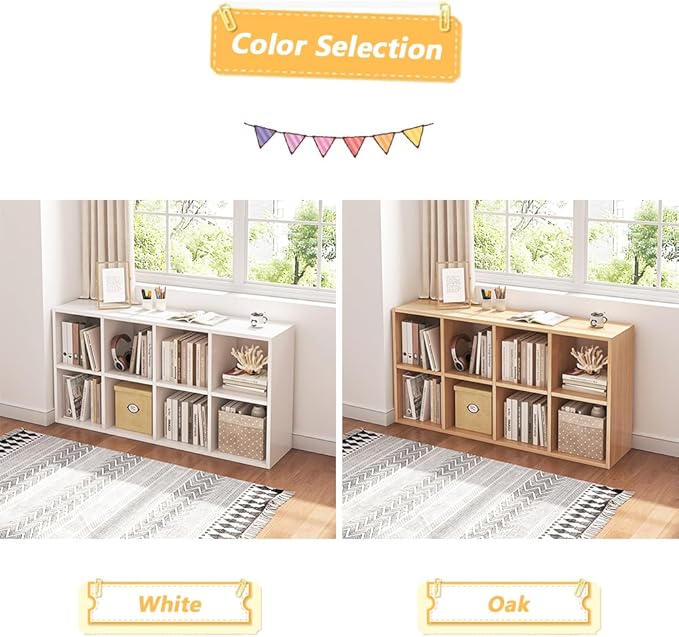 8 Cube Organizer Bookcase - Fabric Storage Bins Container, Open Shelf Simple Compartments Bookshelf, White