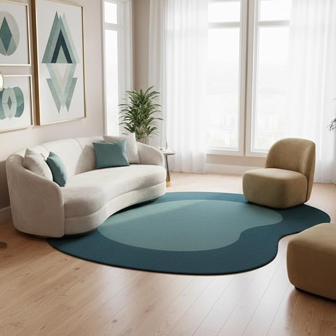 Minimalist Irregular Area Rug 7ft Modern Abstract Shaped Rug for Living Room Bedroom Diningroom Non Slip Washable Carpet Boho Art Home Office Guestroom Easy Clean Stain Resistant Floor Mat Teal Blue