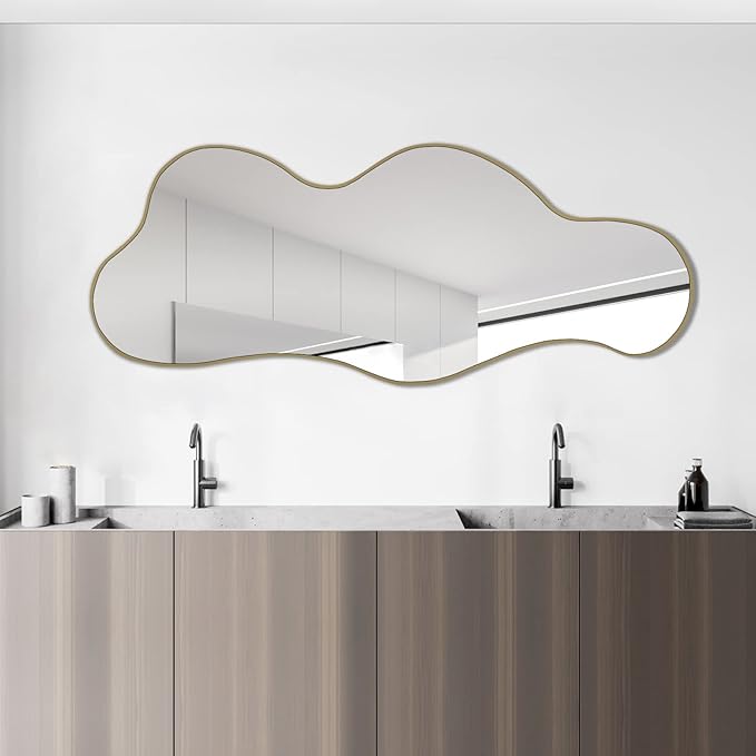 POZINO Irregular Wall Mirror, 39.3"x16" Asymmetrical Mirrors, Cloud Shaped Mirror, Gold Modern Abstract Mirrors for Bathroom Living Room Bedroom Entryway Hallway
