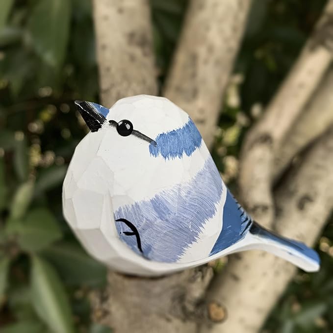 Bird Figurines Hand Carved Painted Wooden Statues for Home Decor, Gift for Bird Lovers,Housewarming, Birthday, Christmas, Anniversaries (NO.09-Azure Tit)