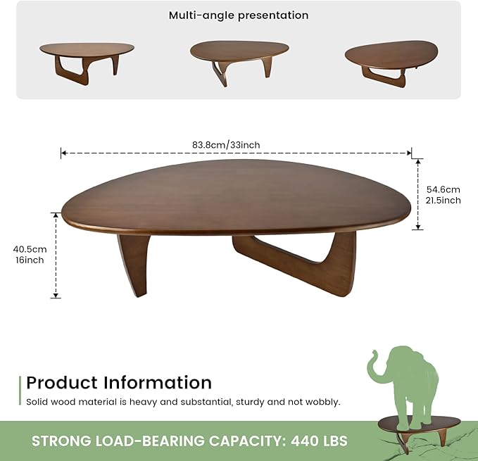 Modern Triangle Coffee Table: Unique Funky Soild Wood Coffee Tables for Living Room, Wooden Oval Mid-Century Modern Abstract Tea Tables for Patio Office Balcony (Walnut, 33" L x 22" W x 16" H)