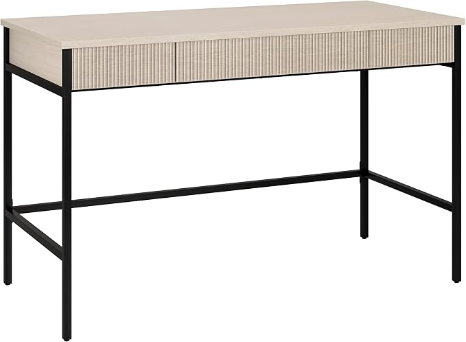 Henn&Hart 48" Fluted Mid-Century Modern Rectangular Wooden Home Office Desk Computer Desk Writing Table with 3 Ribbed Storage Drawers for Bedroom, Living Room, or Home Office, Beech White