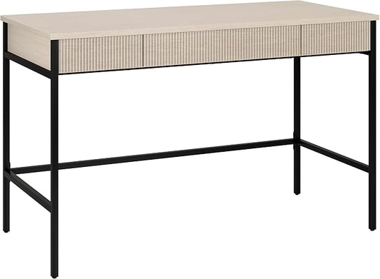Henn&Hart 48" Fluted Mid-Century Modern Rectangular Wooden Home Office Desk Computer Desk Writing Table with 3 Ribbed Storage Drawers for Bedroom, Living Room, or Home Office, Beech White