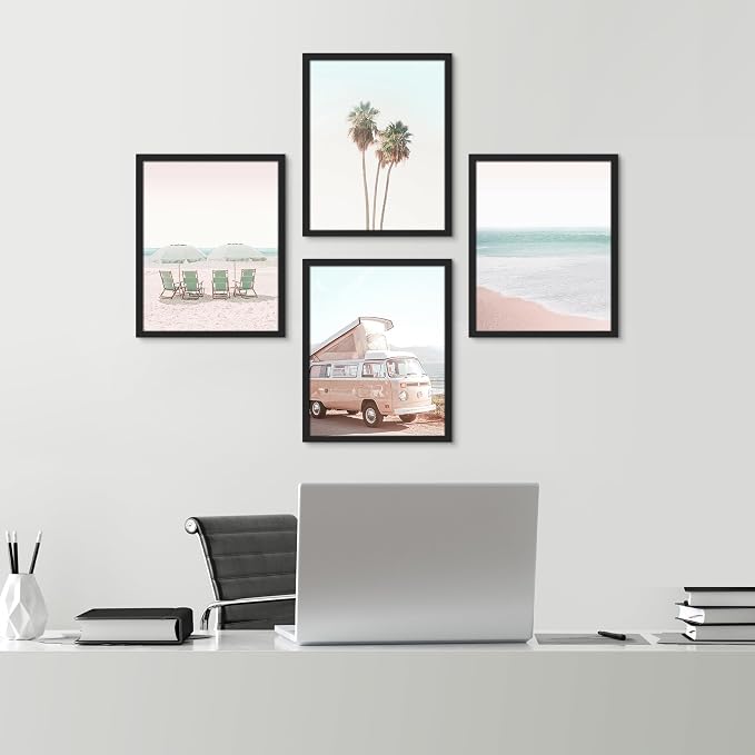 SIGNWIN Framed Collage Print Gallery Set 1980s Retro Miami Wall Art, Set of 4 Beach Landscape Wall Decor Prints, Nature Wilderness Wall Décor for Living Room, Bedroom - 11"x14" Black