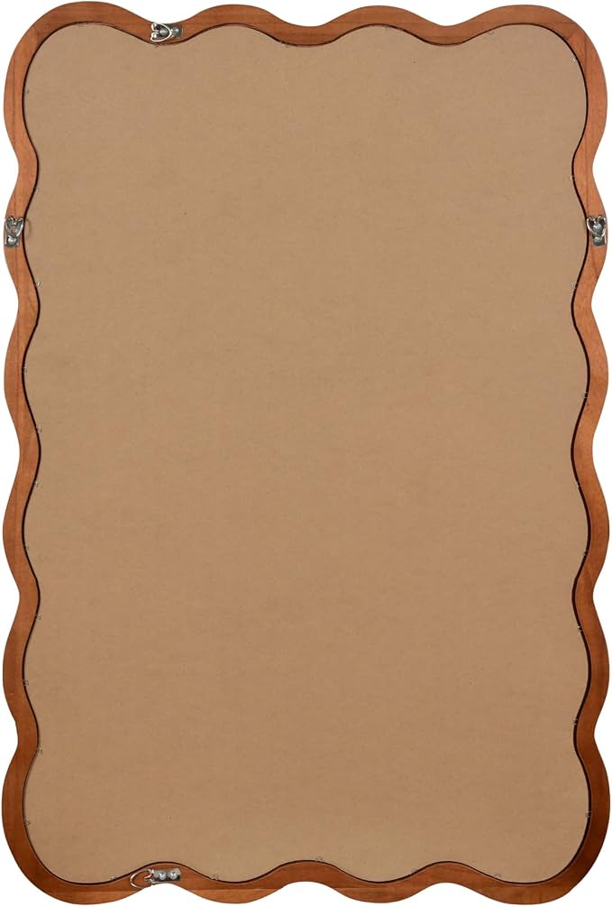30x20 Inch Wooden Wavy Rectangle Wall Mirror, Modern Solid Wood Frame Decorative Accent Mirror for Bedroom, Bathroom, Living Room, Entryway, Yellowish Brown