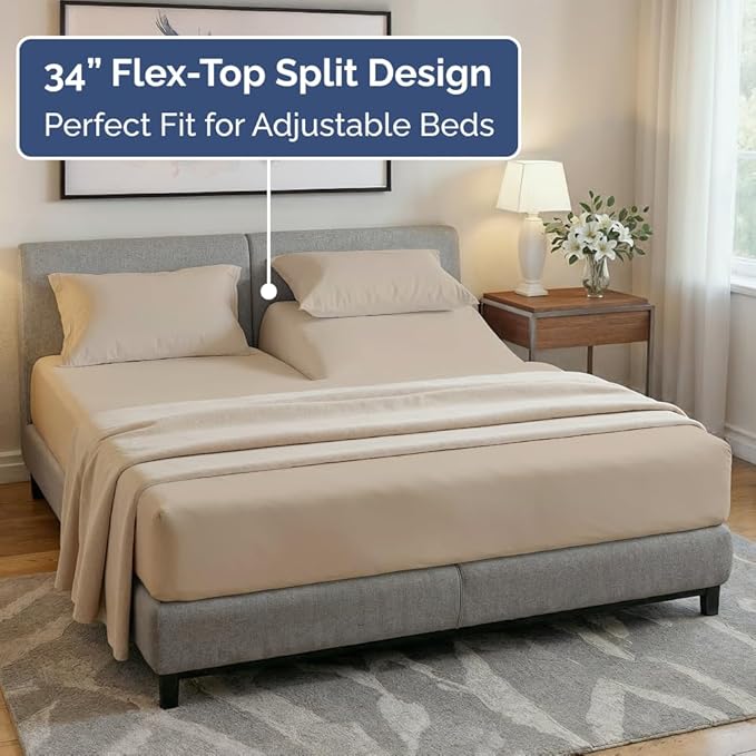 Flex Top Split Head King 4 Piece Sheet Set - Ultra-Soft, Breathable & Cooling Bed Sheets Set - Hotel Luxury Bedding for Women & Men with Deep Pockets - Wrinkle Free & Fade Resistant - Oeko-Tex - Cream