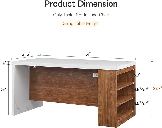 ONBRILL Dining Table for 4 with LED Lights & Power Outlet (61"* 31" Whole Board of Tabletop), Modern Imitation Marble Kitchen Dinner Table with Storage Space for Dining Room (White)