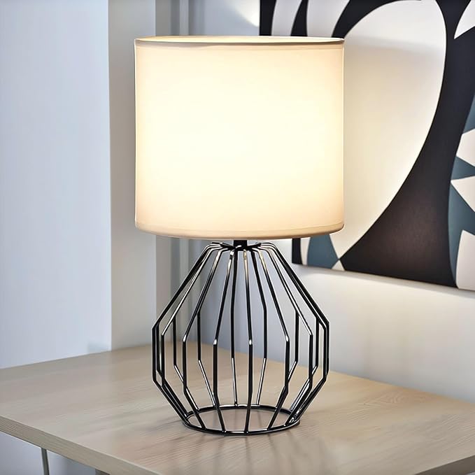 Small Table Lamp Black, Modern Minimalist Desk Lamp with Metal Base White Fabric Shade, Bedside Nightsand Table Lamp for Bedroom, Living Room, Kis Room