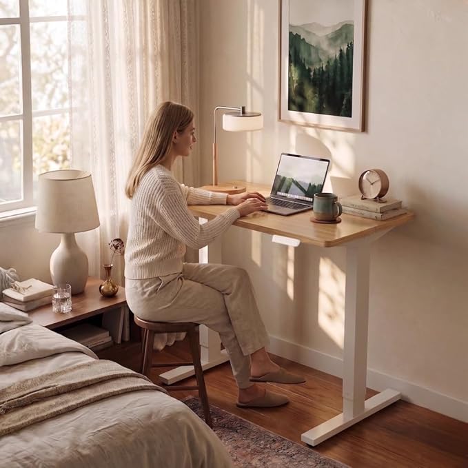 HUANUO 63 x 28 inch Electric Standing Desk Adjustable Height, 4 Memory Height Settings, Sit Stand Up Desk for Home Office & Computer Workstation, Light Walnut