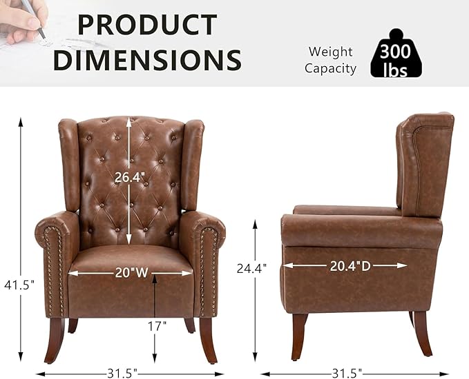 MOJAY Mid-Century Modern Living Room Chairs Set of 2, Upholstered Faux Leather Accent Chairs Club Arm Chair, Single Sofa Chair with Solid Wooden Legs for Bedroom Study Home Office Lounges (Brown)