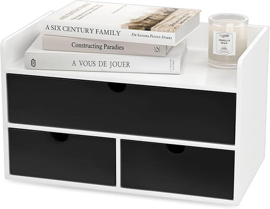 Wisuce Desk Organizer with Drawers - White-Black Bamboo Desktop Organizer Storage | Wood Desk Drawers Organizer for Bills, Office Supplies, Cosmetics, Seals No Assembled
