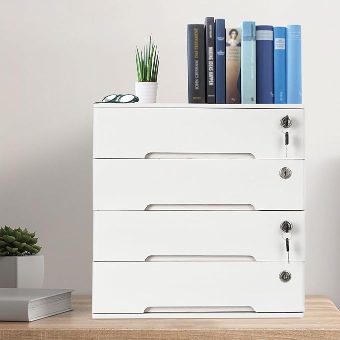 Desktop File Organizer with Lock, 2/3/4 Tier Multi-Drawer Wooden Storage Cabinet, Office Supply Organizer for Home Desk, Study & Workplace (White, 4 Layers)