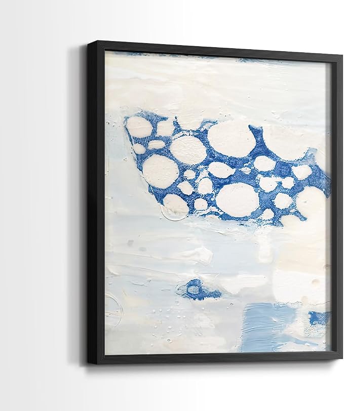 Renditions Gallery Set of 2 Peel & Stick Framed Prints, Textured Abstract Wall Art, White Blue Bubble Like Pattern Wall Decor, Re-Stickable - Ready to Hang - 11"x14" - Black Frame LT588