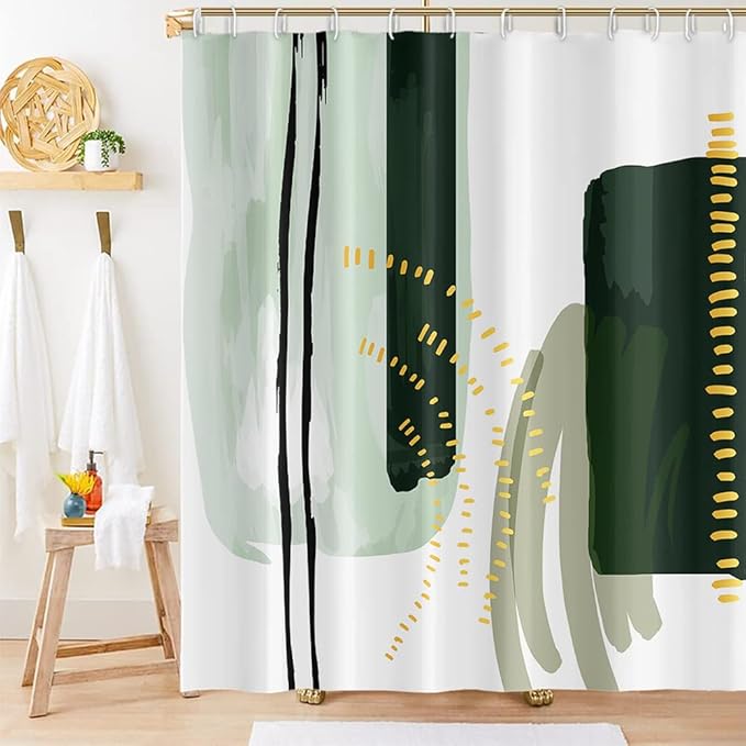 Abstract Geometric Shower Curtain Watercolor Green Painting Gold Pattern Design for Modern Minimalist Bathroom Decor Accessories Shower Curtain Set with 12 Hooks, 72x84 Inches