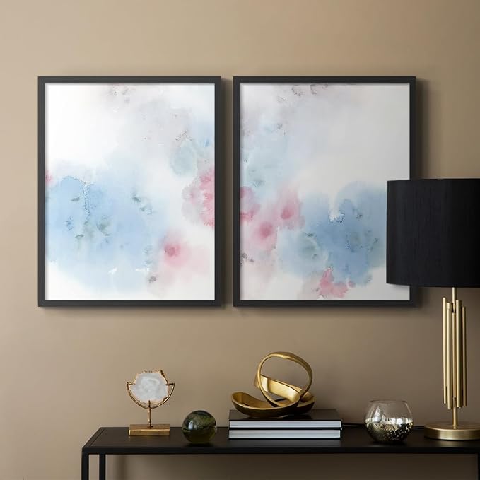 Renditions Gallery Set of 2 Peel & Stick Framed Prints, Watercolor Abstract Wall Art, Cotton Candy Splash Wall Decor, Re-Stickable - Ready to Hang - 8"x10" - Black Frame LT588