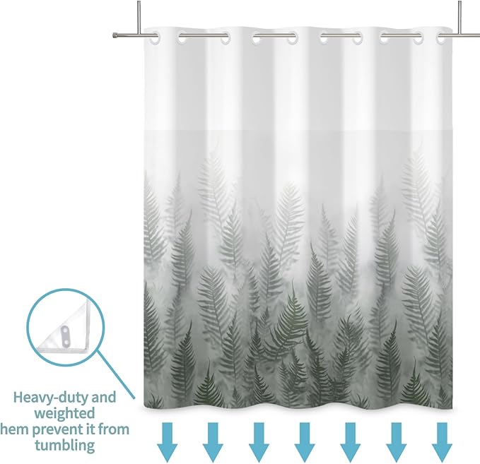 Fern Leaves Shower Curtain with Snap in Liner Gradient White Green Fabric Cloth Bath No Hook Shower Curtains with Mesh Top Window Waterproof Bathroom Curtain Set 71Wx74H