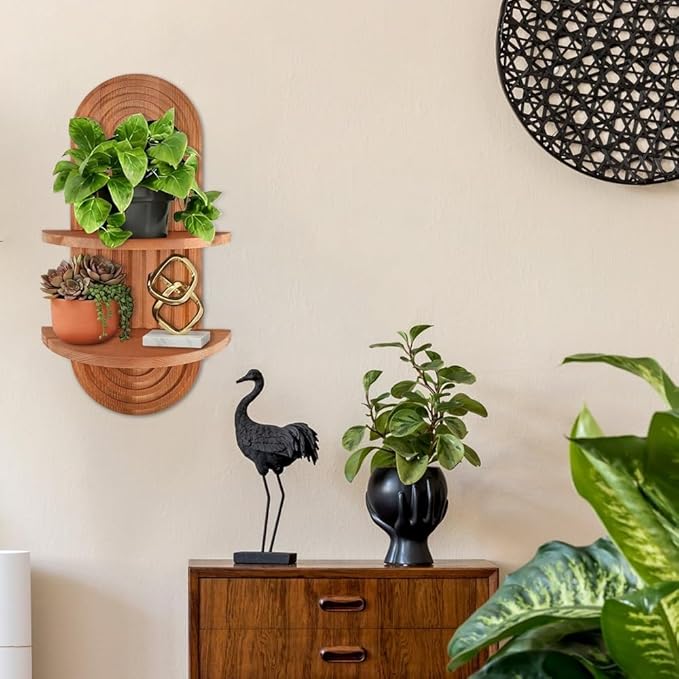 Arched Wall Shelf, Mid-Century Modern Boho Floating Shelf for Plants, Solid Wood 2-Tier Shelves for Bedroom Living Room Bathroom, Brown Wall Decor for Planter, Candlestick, Ornaments