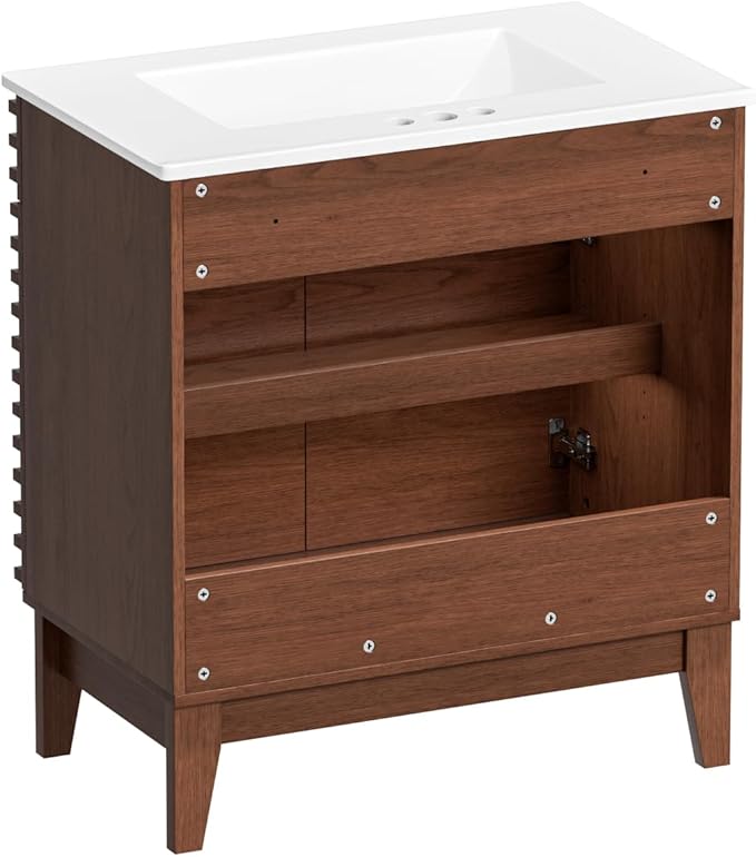 ROOMTEC 30" Bathroom Vanity with Sink, Mid-Century Freestanding Bathroom Vanity Sink with Storage, Undermount Ceramic Sink, Particleboard Frame with Wood Grain Laminate, Walnut