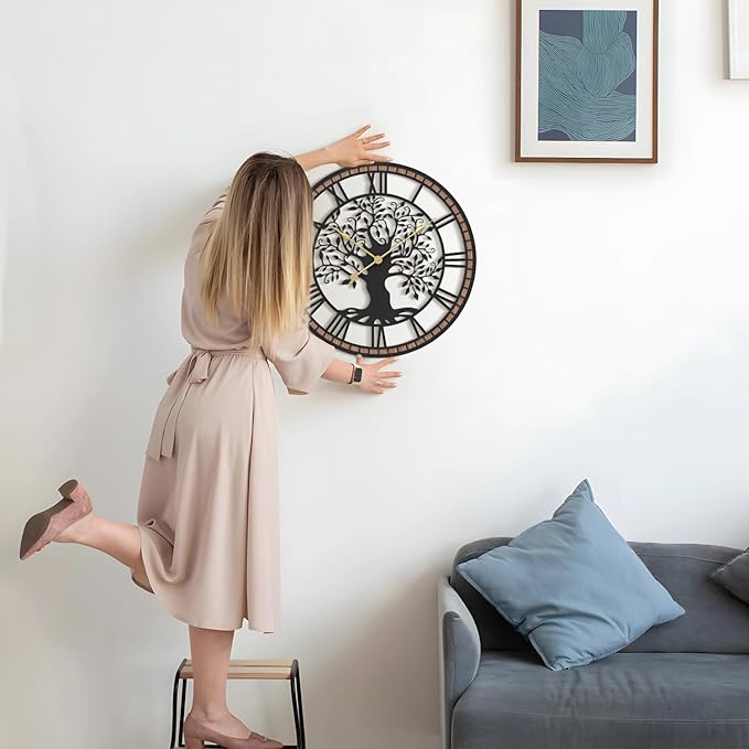 Micasso Wall Clocks Battery Operated: 21Inch Farmhouse Tree of Life Metal with Wood Frame - Rustic Roman Numerals Clock for Bedroom/Office/Living Room/Kitchen - Home Decor for Trendy Fashionistas