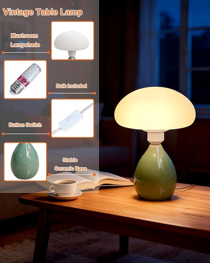 Lightdot Mushroom Lamp, Ceramic Bedside Table Lamp for Bedroom Nightstand, Retro Vintage Green Night Light, Small Aesthetic Lamp for Living Room Desk Home Decor, LED Bulb Included