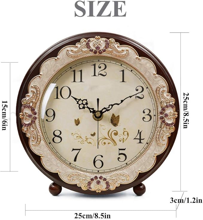 Justup Vintage Table Clock, Retro Non-Ticking European Style Beside Desk Clock Battery Operated Silent Quartz Movement for Bedroom Living Room Indoor Decor (Brown)