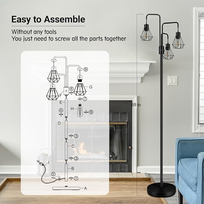 BoostArea Industrial Floor Lamp,Metal Diamond Lampshade,Modern Stand Up Lamp with 3 Light, Bulbs Not Included,Simple Design Floor Lamp for Bedroom, Living Room, Office, Kids Room, Reading