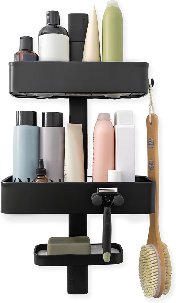 ShowerSMART Rust Resistant Shower Caddy, Wall Mount Shower Storage & Rack with Adjustable Shelves, Easy Clean Trays & Magnetic Hooks for Bathroom Remodel Upgrades, Black