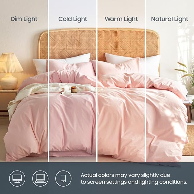 Wake In Cloud - Cotton Duvet Cover Set, 100% Washed Cotton, Linen Like Textured, Breathable Durable Comfy Farmhouse Neutral Bedding Set, 3 Pieces, Pink, Queen Size