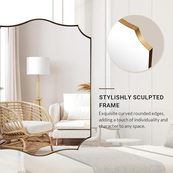 ANDY STAR 24x40 Inch Gold Mirror, Brushed Gold Bathroom Mirror, Antique Brass Rectangle Mirror, Large Wall Mirror Decorative for Bedroom, Living Room, Entryway, Wave Inspired Style