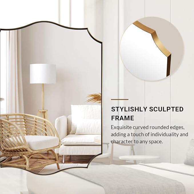 ANDY STAR 20"x30" Gold Vanity Mirror, Bathroom Mirrors for Wall, Antique Champagne Bronze Mirror in Rustproof Stainless Steel Thin Frame, Elegant Curved Scallop Design, Ideal for Home Remodel
