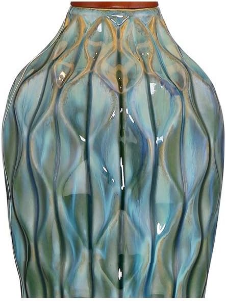 360 Lighting Rocco Mid Century Modern Table Lamp 30" Tall Ceramic Blue Teal Glaze Wood Handmade Linen Drum Shade Cottage Core Decor for Living Room Bedroom House Bedside Home (Colors May Vary)