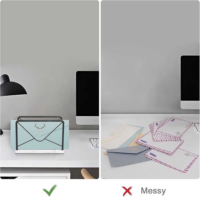 Modern Mail Holder for Home Office, Metal Letter Organizer Sorter for Desk, Cutout Mail Envelope Design, Bill Filling Paper Document Rack, Envelope Storage Rack with Marble Base (Black)