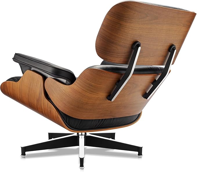 Top Black Grain Leather Mid Century Chaise Lounge Chair with Ottoman, Recliner Chaise Lounge, Modern Accent Chair for Living Room Office (Light Walnut)