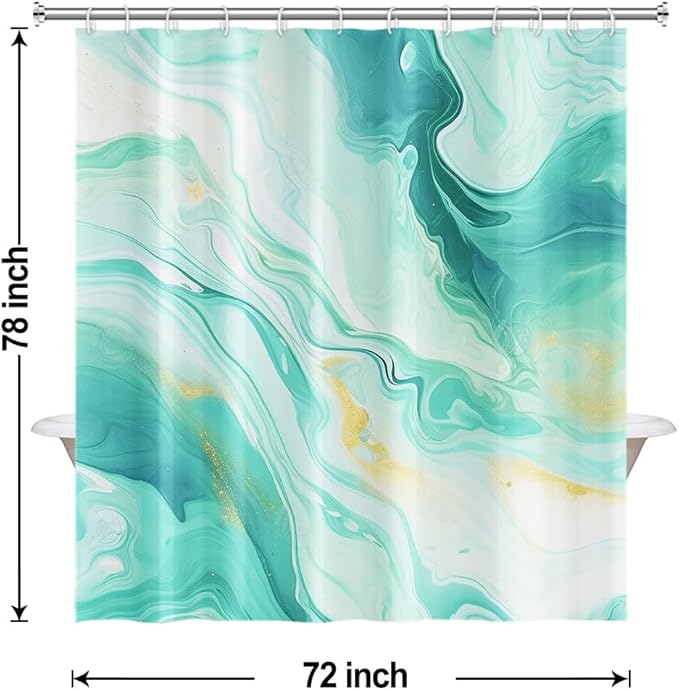 Turquoise Shower Curtain, Modern Teal and Gold Marble Shower Curtain for Bathroom Aesthetic Waterproof Shower Curtain Set with Hooks, 72x78 Inch