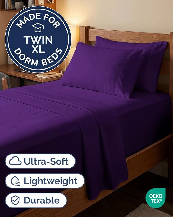 Extra Deep Twin XL Sheet Set - 4 Piece College Dorm Bed Sheets Set w/Extra Deep Pockets - Ultra-Soft, Comfy & Breathable Bedding for Women, Men, Kids & Teens - Wrinkle Free & Fade Resistant - Purple